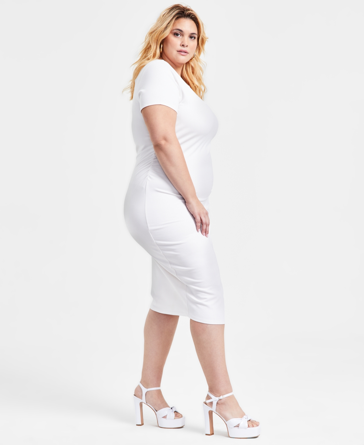 Bar Iii Trendy Plus Size Ponte Ruched Short-sleeve Midi Dress, Exclusively At Macy's In Crema