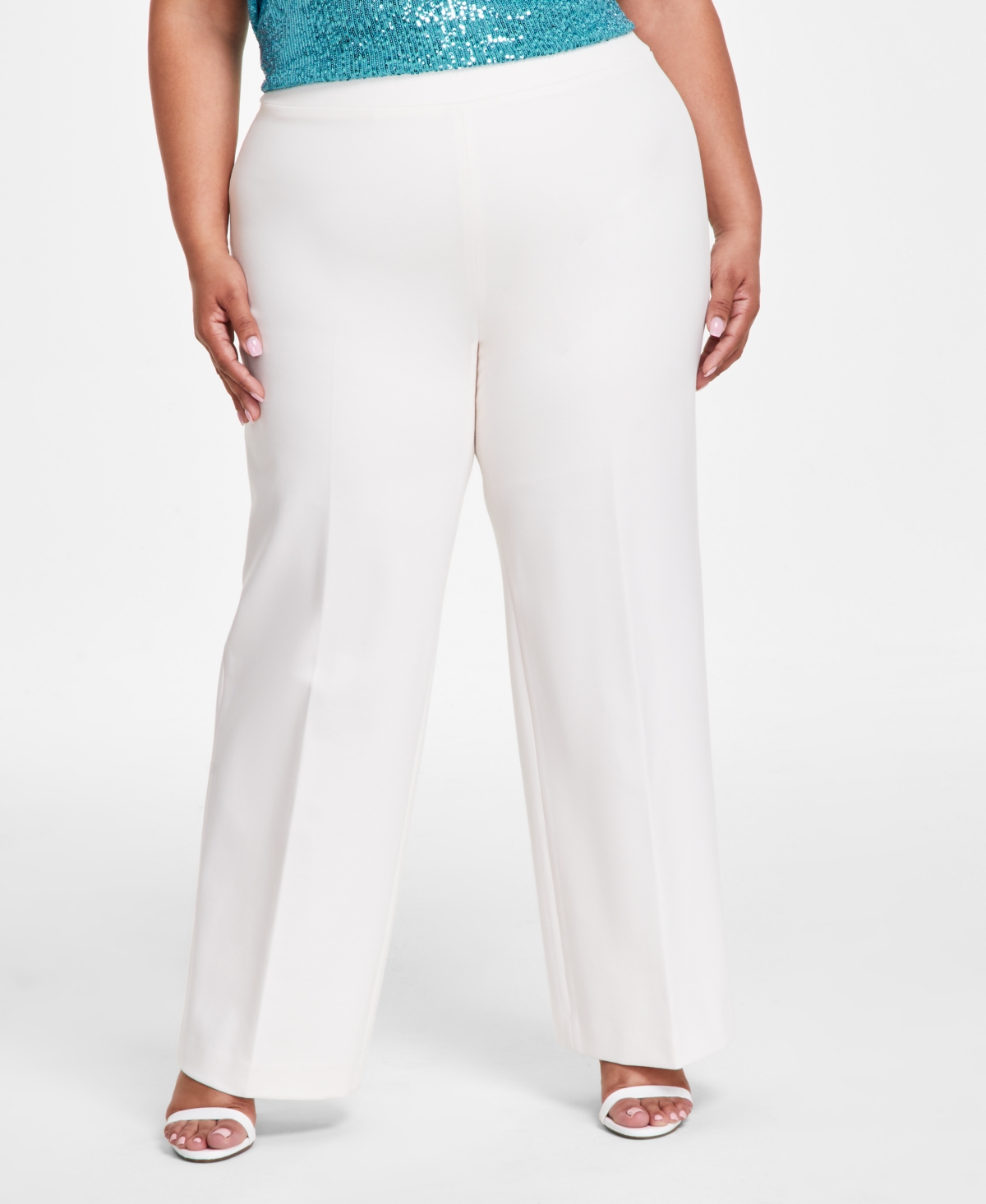 Anne Klein Plus Size Compression Pull-on Wide-leg Trousers In Anne White
