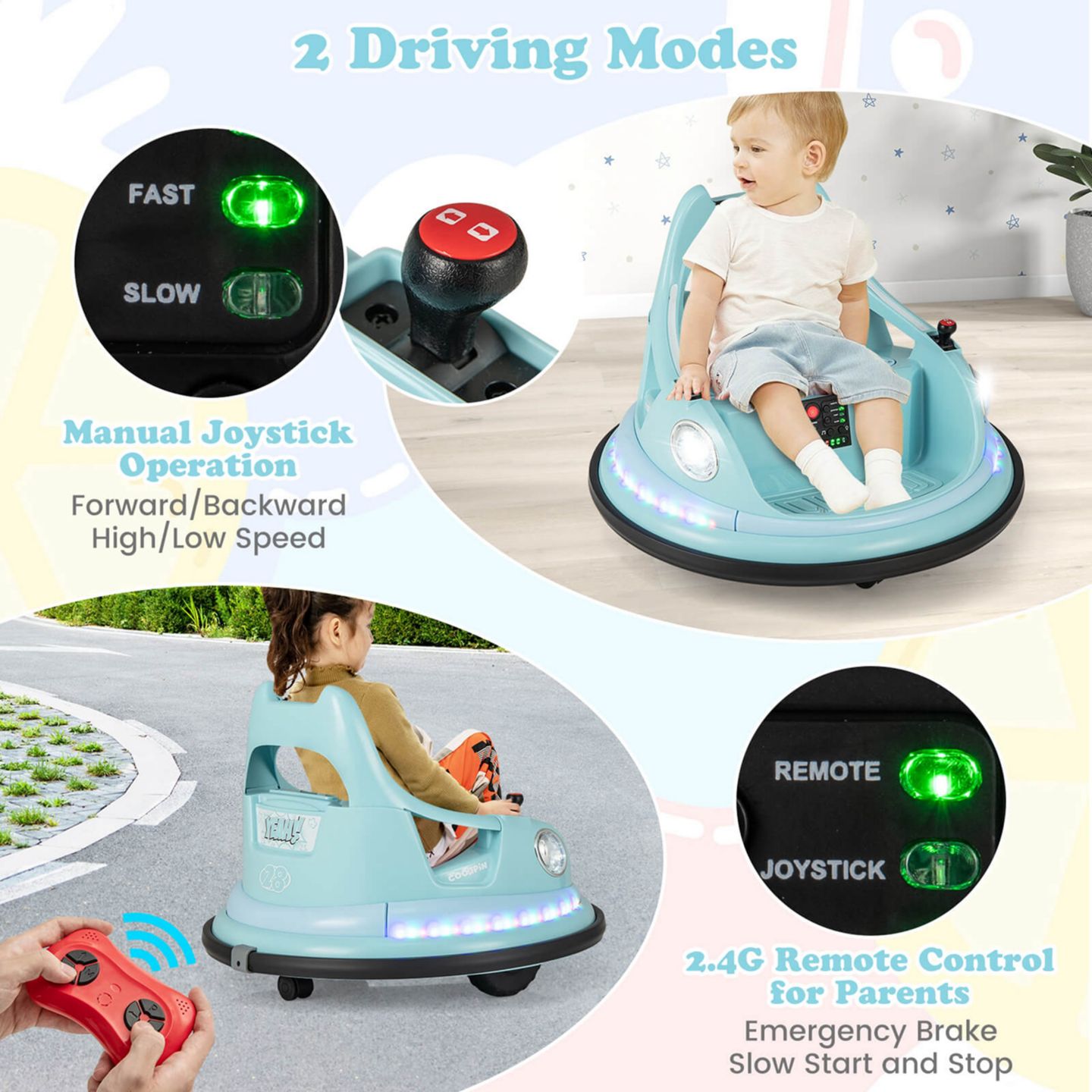 Детская игрушка Costway 12V Electric Ride On Bumper Car with Remote Control & LED Lights, 66 lbs Capacity, Ages 3+, цвет: Синий — фото 3