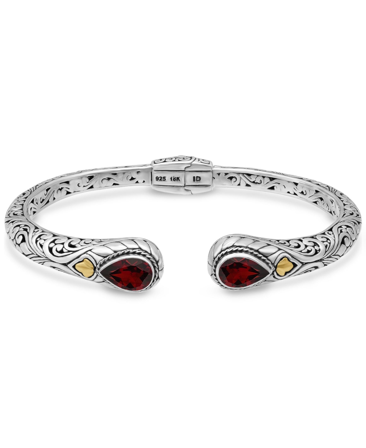 Garnet & Bali Cuff Bracelet in Sterling Silver and 18K Gold Accents, Large - Silver