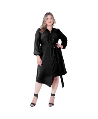 Plus Size Asymmetrical Hem Button-Up Wrap Lantern Sleeve Dress