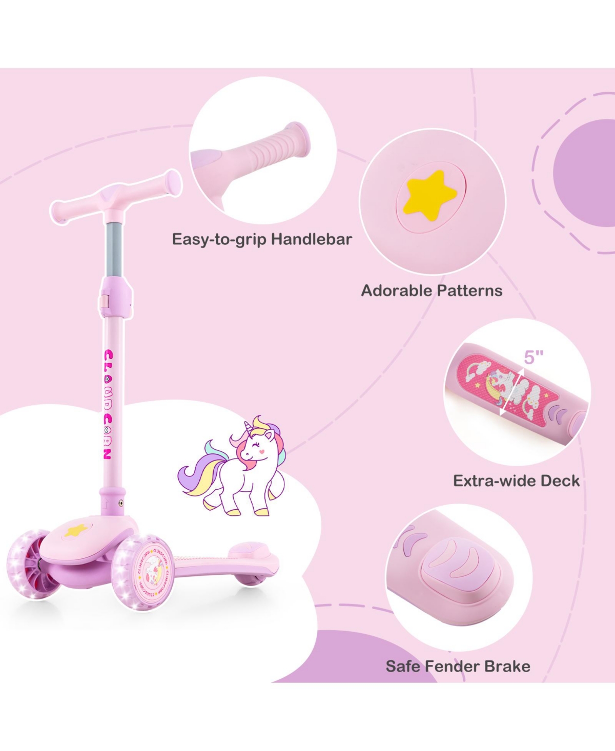 Hongge Folding Kids Scooter with Extra Wide Deck and Led Lighted Pu Wheels- Purple