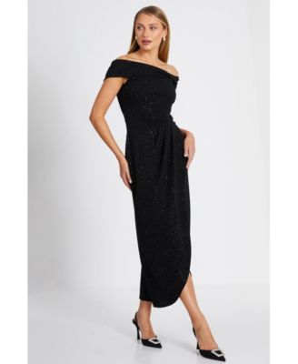 Quiz Women s Glitter Liverpool Bardot Wrap Midi Dress Black