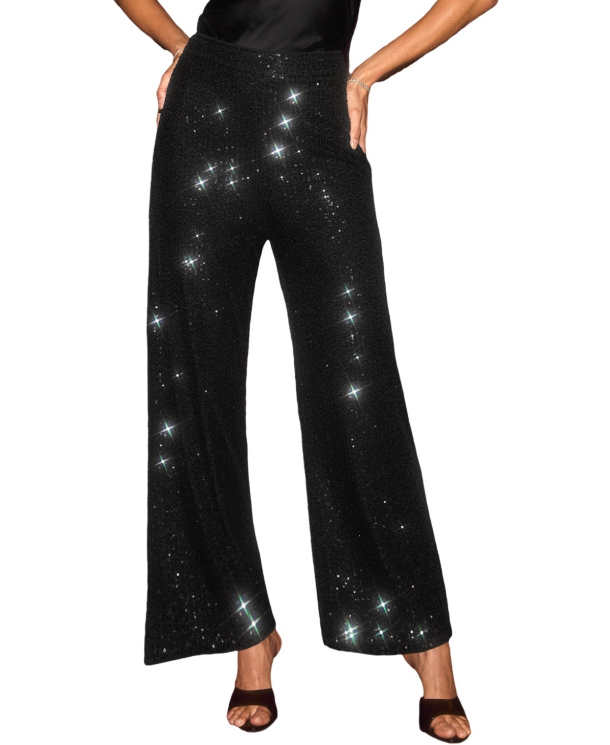 Women's Black Sequins Wide Leg Jersey Pants - Black