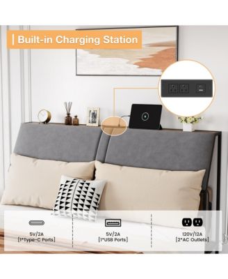 Ful Bed Frame with Tall Bookcase Headboard and Charging Station, Sturdy Noise-Free Platform, No Box Spring Needed, Easy Assembly, Vintage Brown