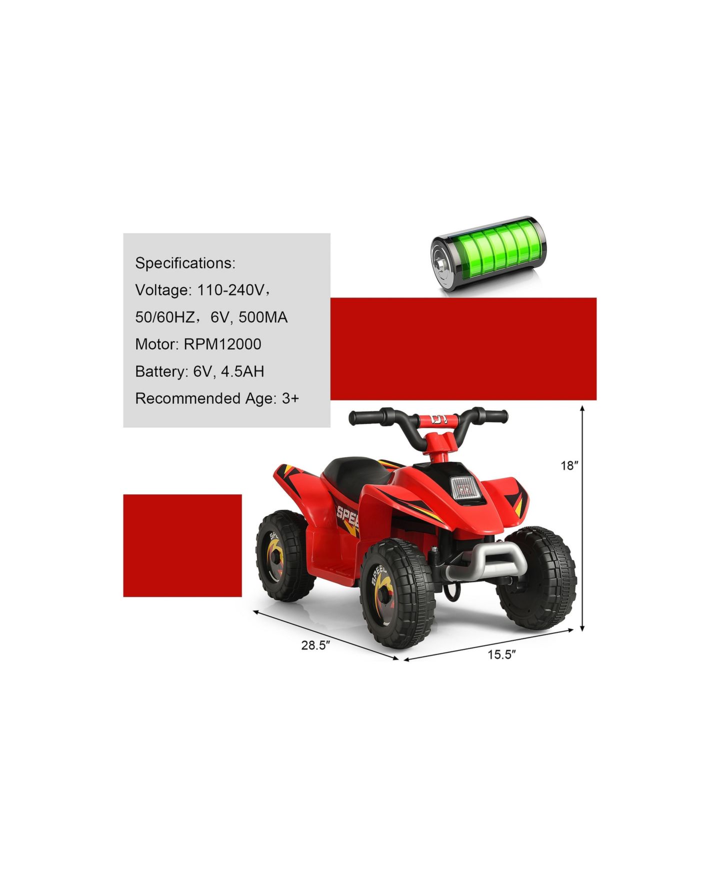 Детские игрушки HONGGE Kids ATV Ride On Toys, 6V Electric 4 Wheeler, Headlights, Ages 2-5 — фото 3