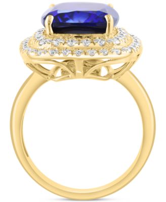 EFFY&reg; Cushion-Cut Lab Grown Blue Sapphire (6-5/8 ct. t.w.) & Lab Grown Diamond (1-1/10 ct. t.w.) Double Halo Ring in 14k Yellow Gold