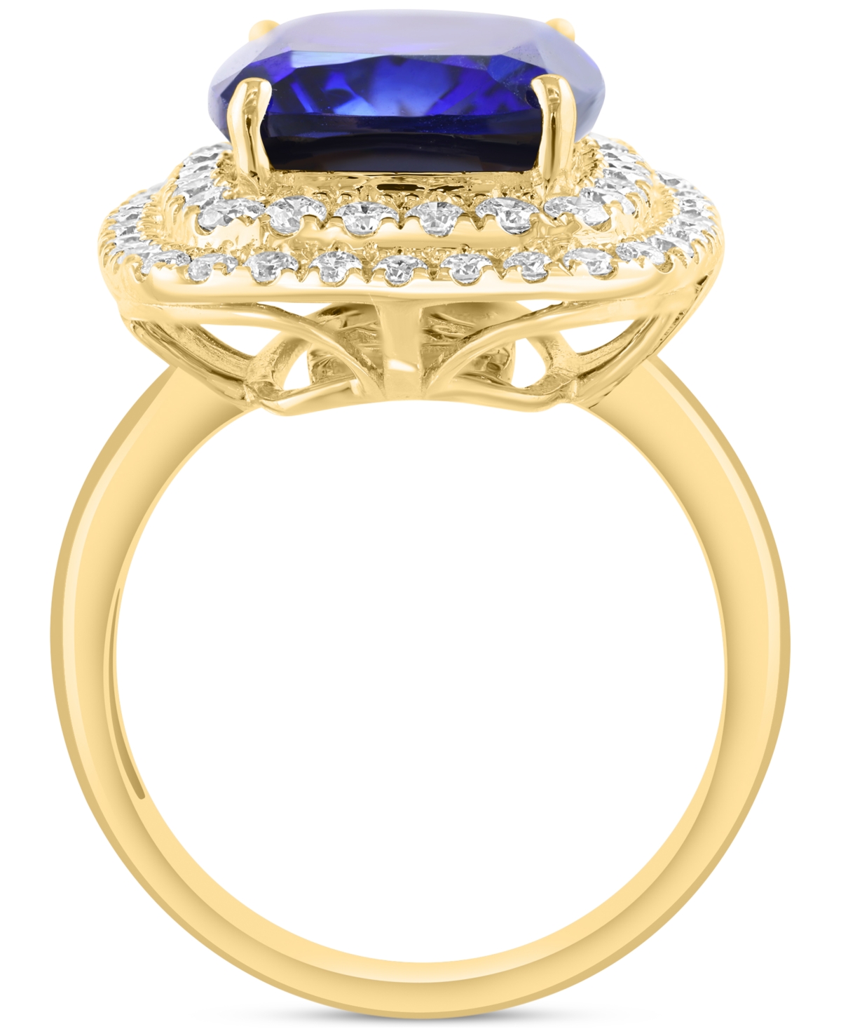 Effy Cushion-Cut Lab Grown Blue(6-5/8 ct. t.w.) & Lab Grown Diamond (1-1/10 ct. t.w.) Double Halo Ring in 14k Yellow Gold - Sapphire