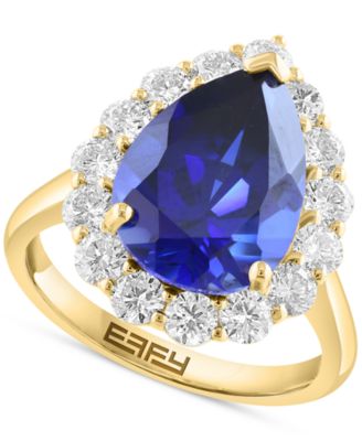 EFFY Collection - Pear-Shape Lab Grown Blue Sapphire (5-3/4 ct. t.w.) & Lab Grown Diamond (1-1/3 ct. t.w.) Halo Ring in 14k Yellow Gold