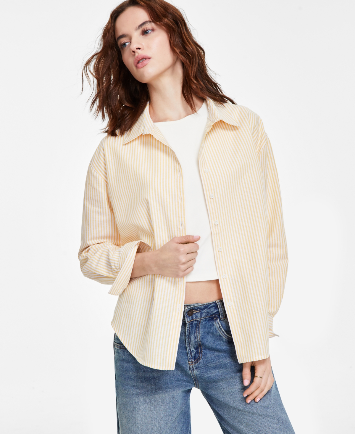 Juniors' Striped Long-Sleeve Button-Up Shirt - Aqua Grey