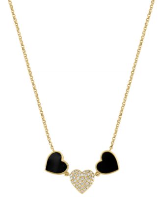 EFFY&reg; Onyx & Diamond (1/10 ct. t.w.) Heart Collar Necklace in 14k Gold, 18" + 1" extender