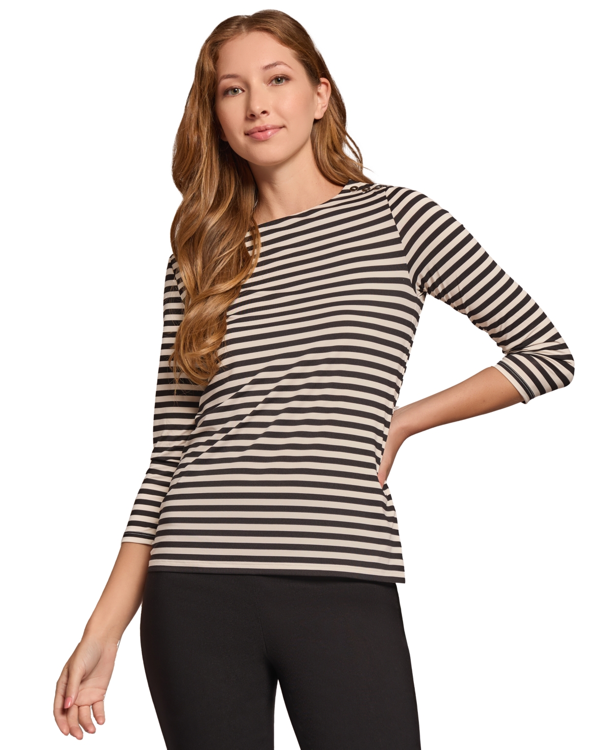 Shop Jones New York Petite Striped Button-shoulder Top In Dark Brown