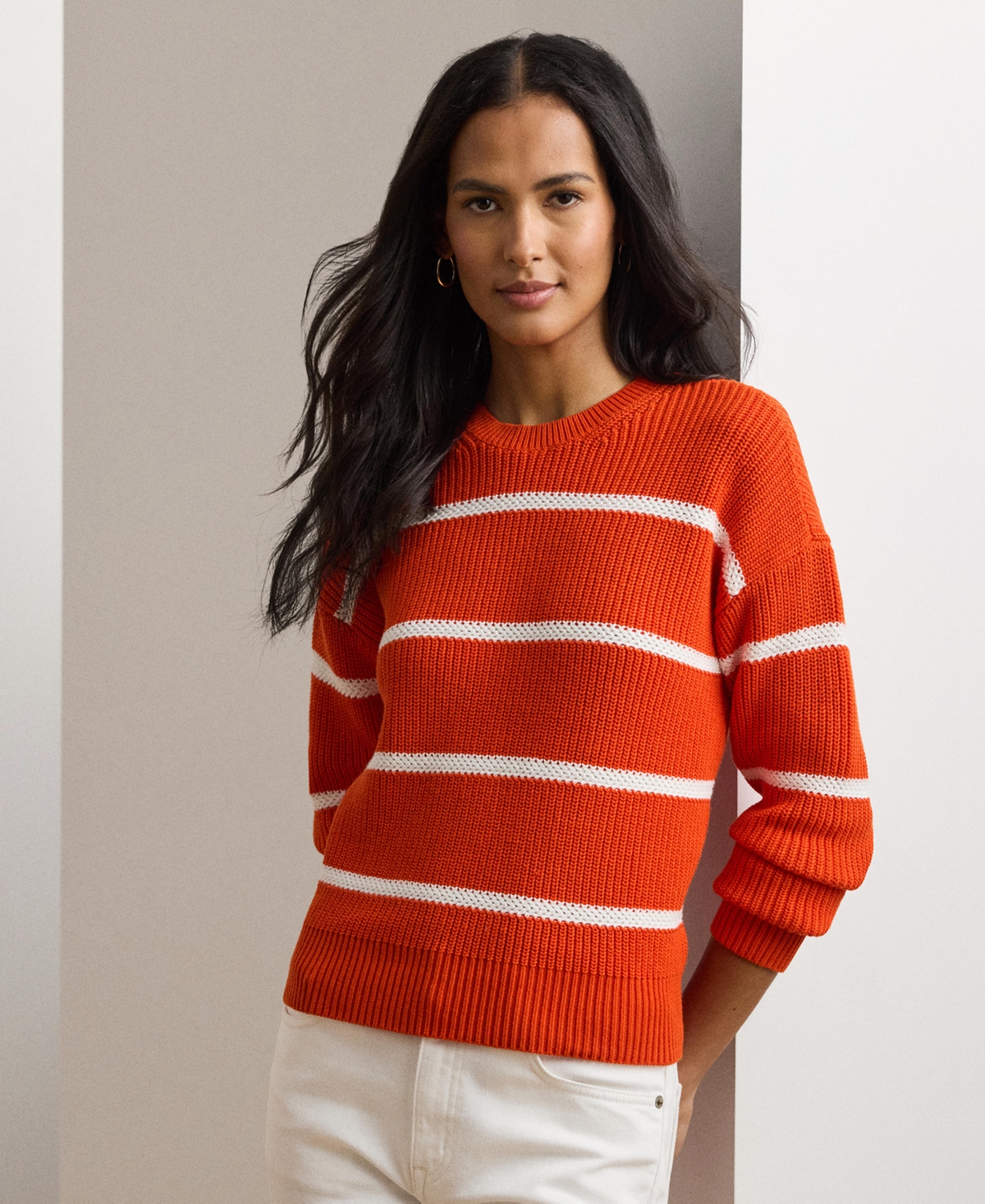 Lauren Ralph Lauren Women's Striped Rib-Knit Cotton Crewneck Sweater -White