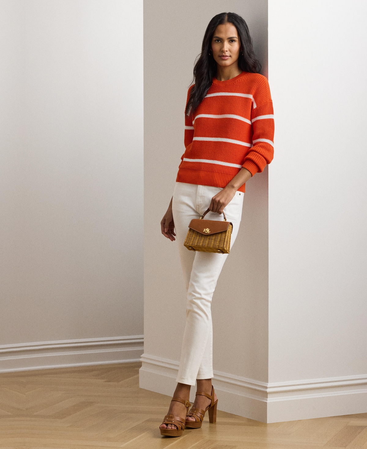 Lauren Ralph Lauren Women's Striped Rib-Knit Cotton Crewneck Sweater -White