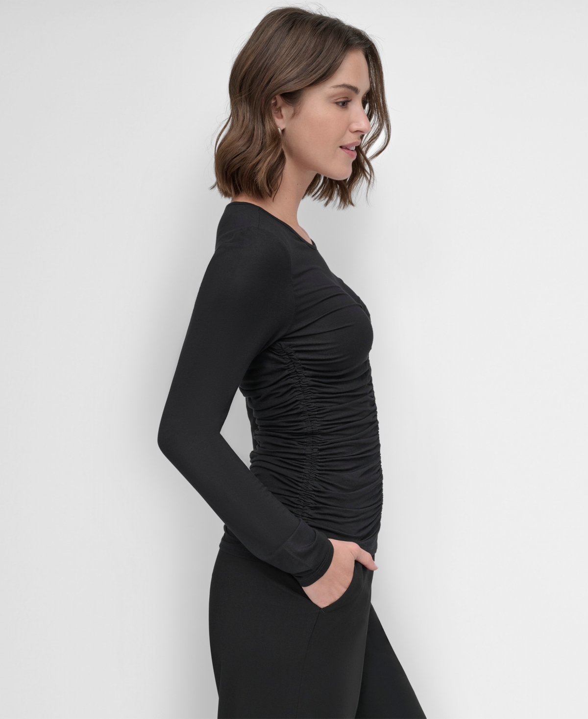 Dkny Women's Ruched Long-Sleeve Crewneck Cropped Top