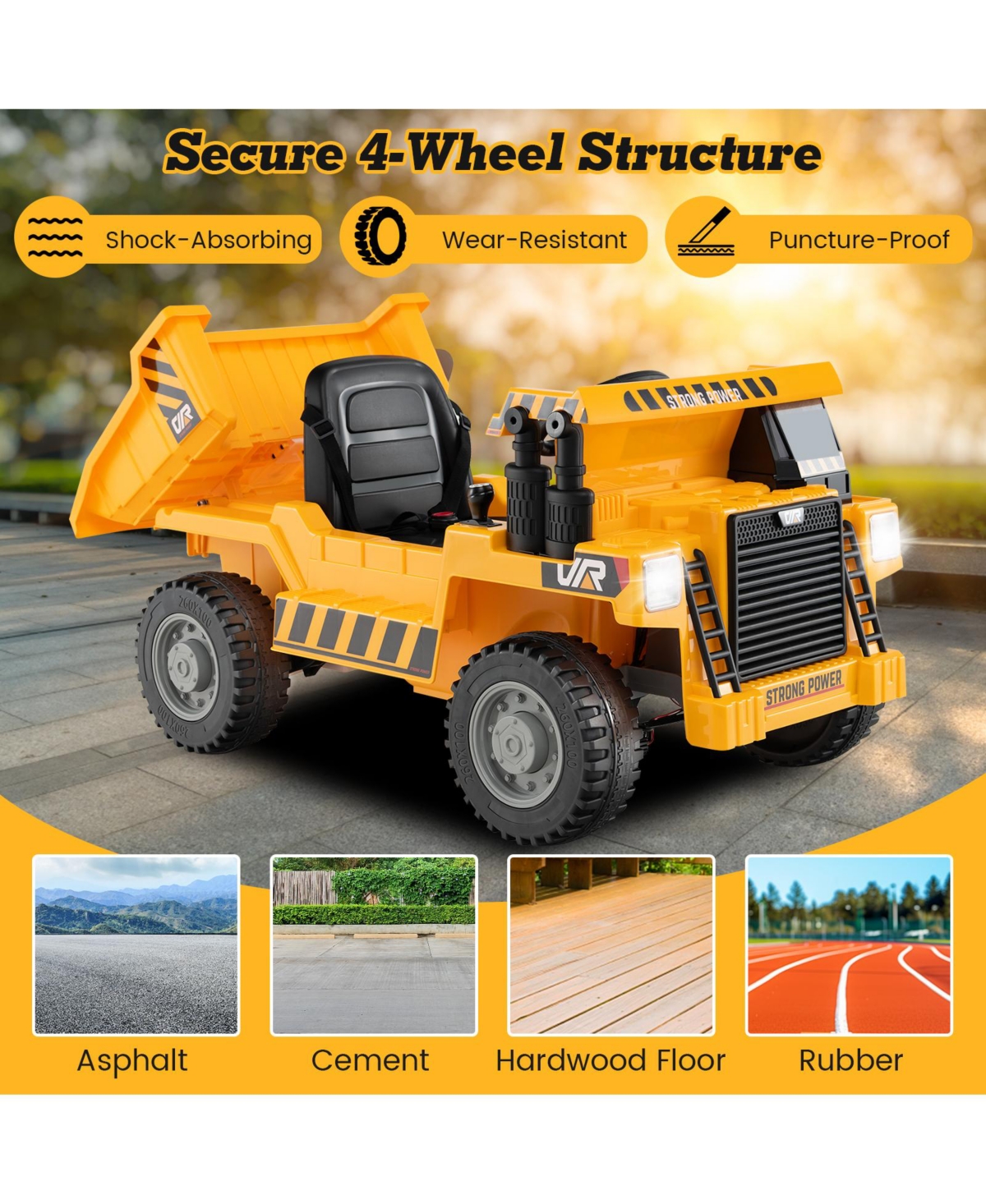 Hongge Kids Ride on Dump Truck 12V Ride on Car with Electric Dump Bed- Yellow