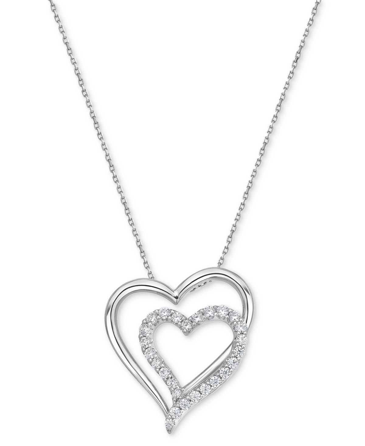 Macy's Diamond Double Heart 18" Pendant Necklace (1/2 Ct. T.w.) In Sterling Silver In Sterling Silver