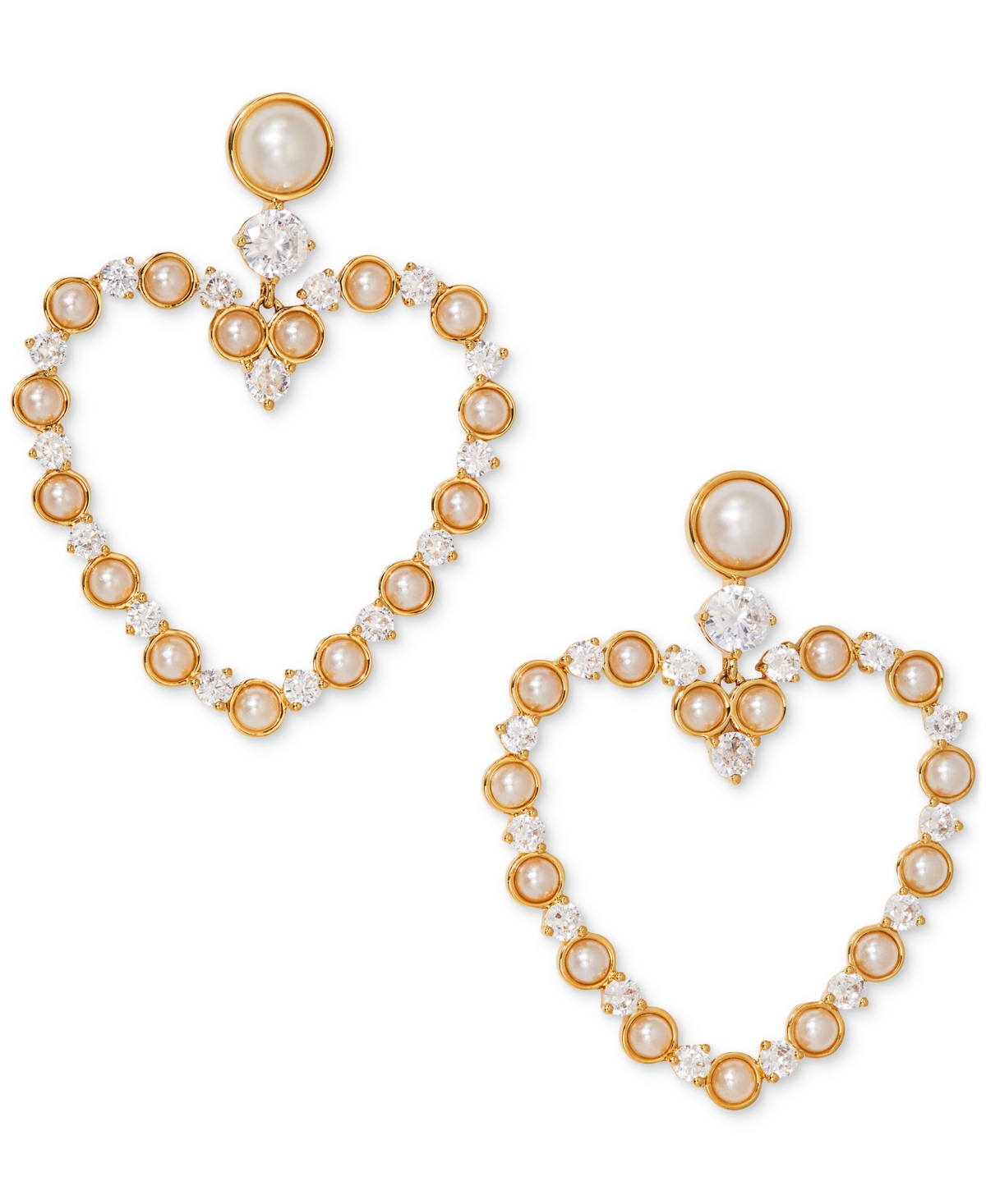 Imitation Pearl & Cubic Zirconia Open Heart Drop Earrings - Rhodium