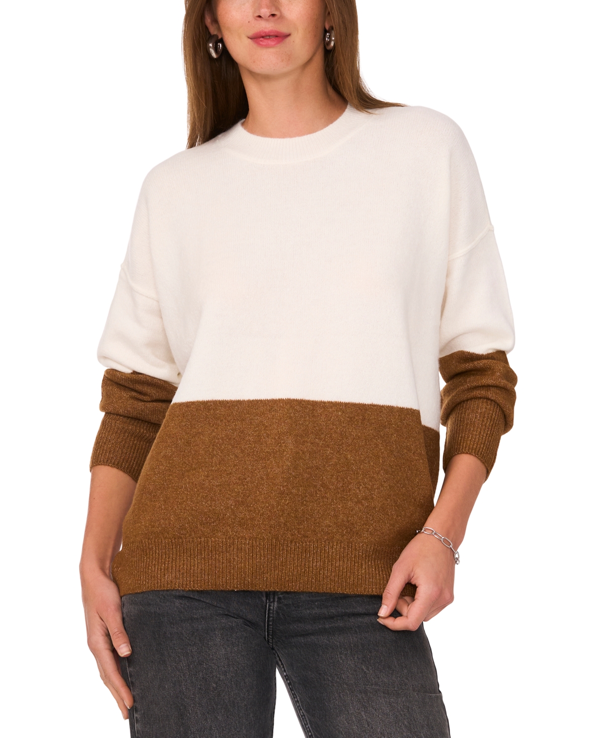 Sam & Jess Women's Colorblocked Crewneck Long-Sleeve Sweater -TOASTED