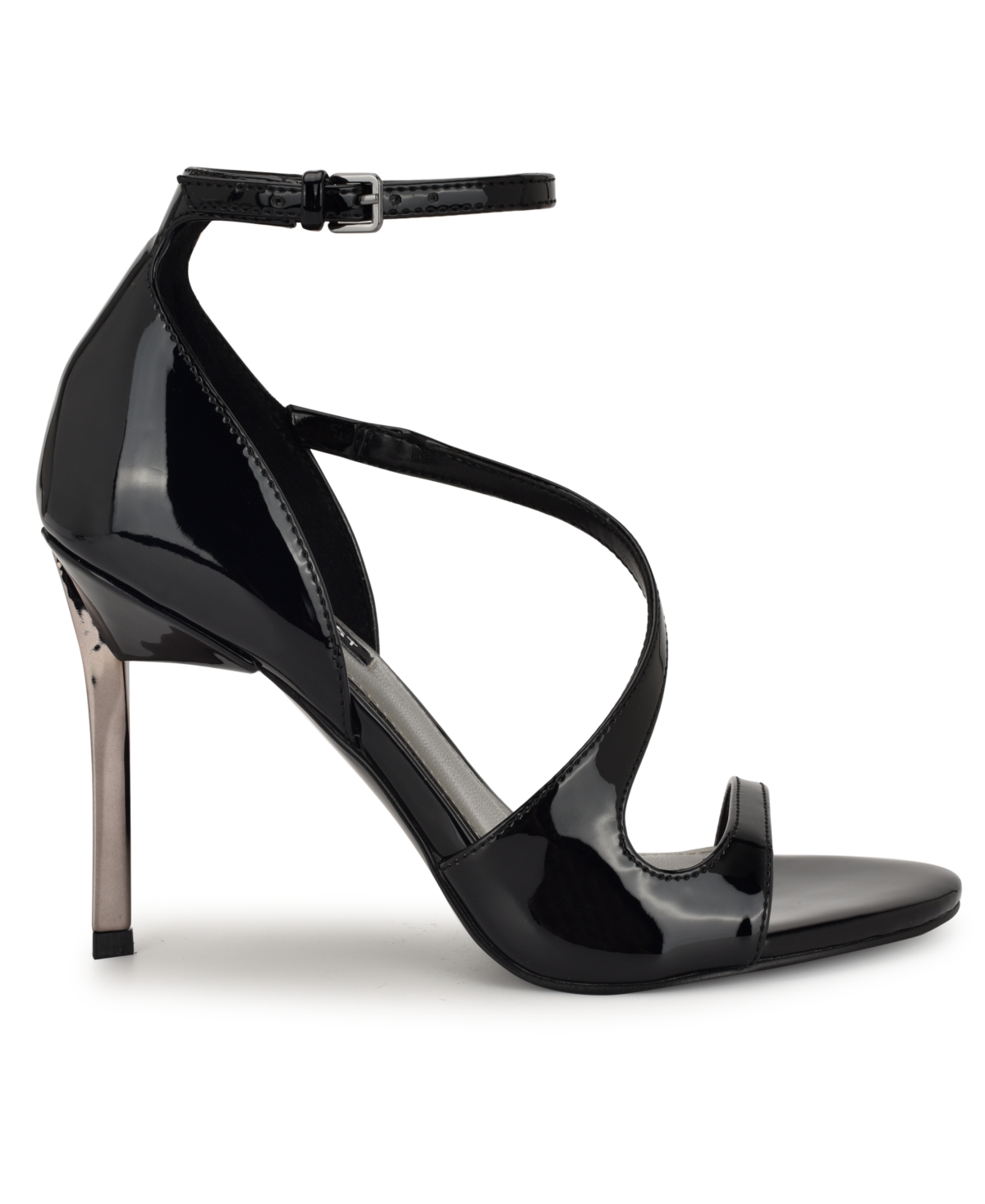 Shop Nine West Women's Shimmy Asymmetrical High Stiletto Sandals In Black Patent