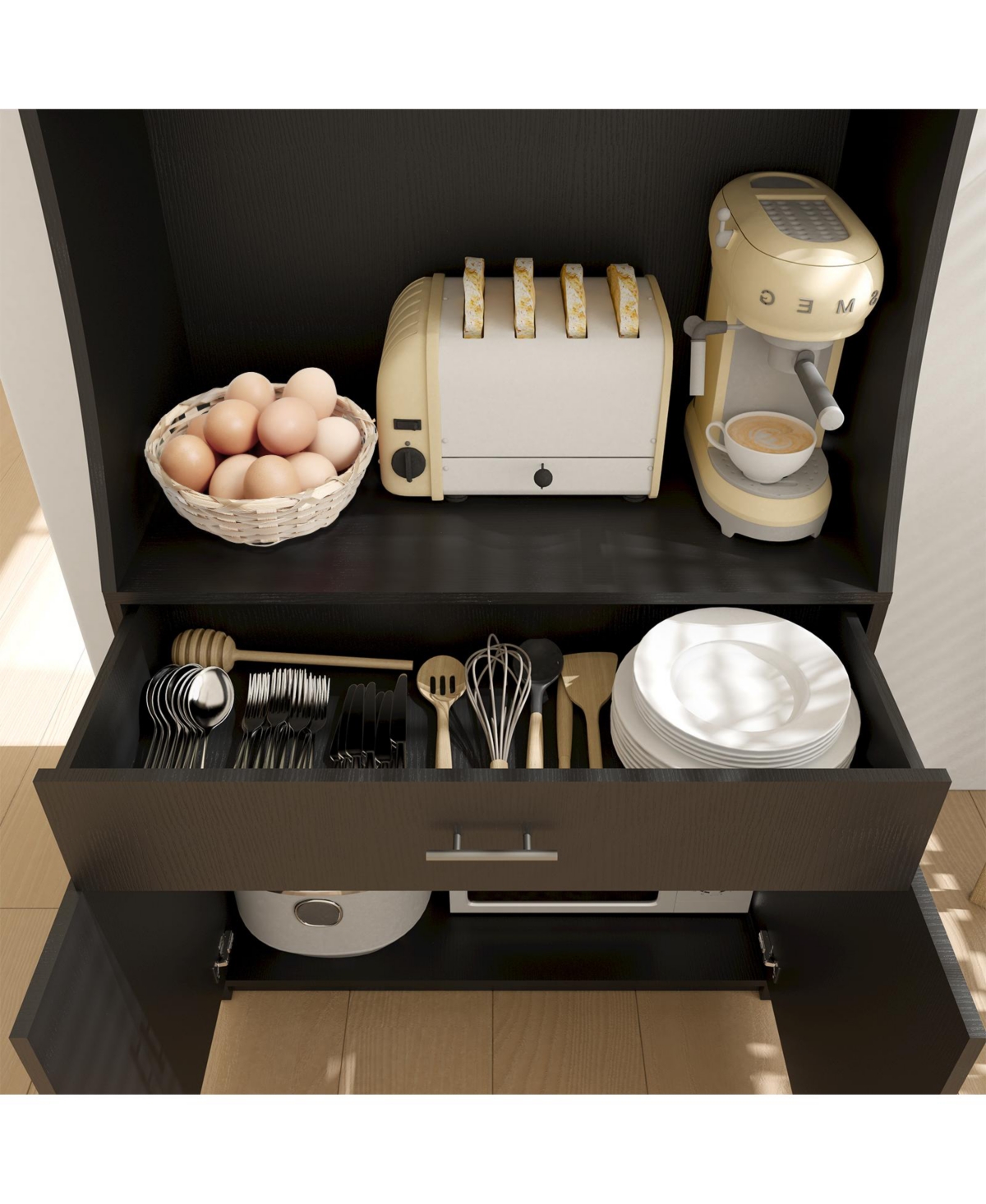 Slickblue Kitchen Storage Cabinet with Charging Station, 2 Outlets, Usb & Type-c Ports, Pantry with 2 Cabinets, Large Drawer & Countertop