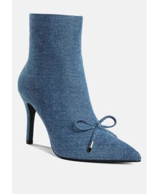 Flapper Bow Detail Denim Ankle Boots