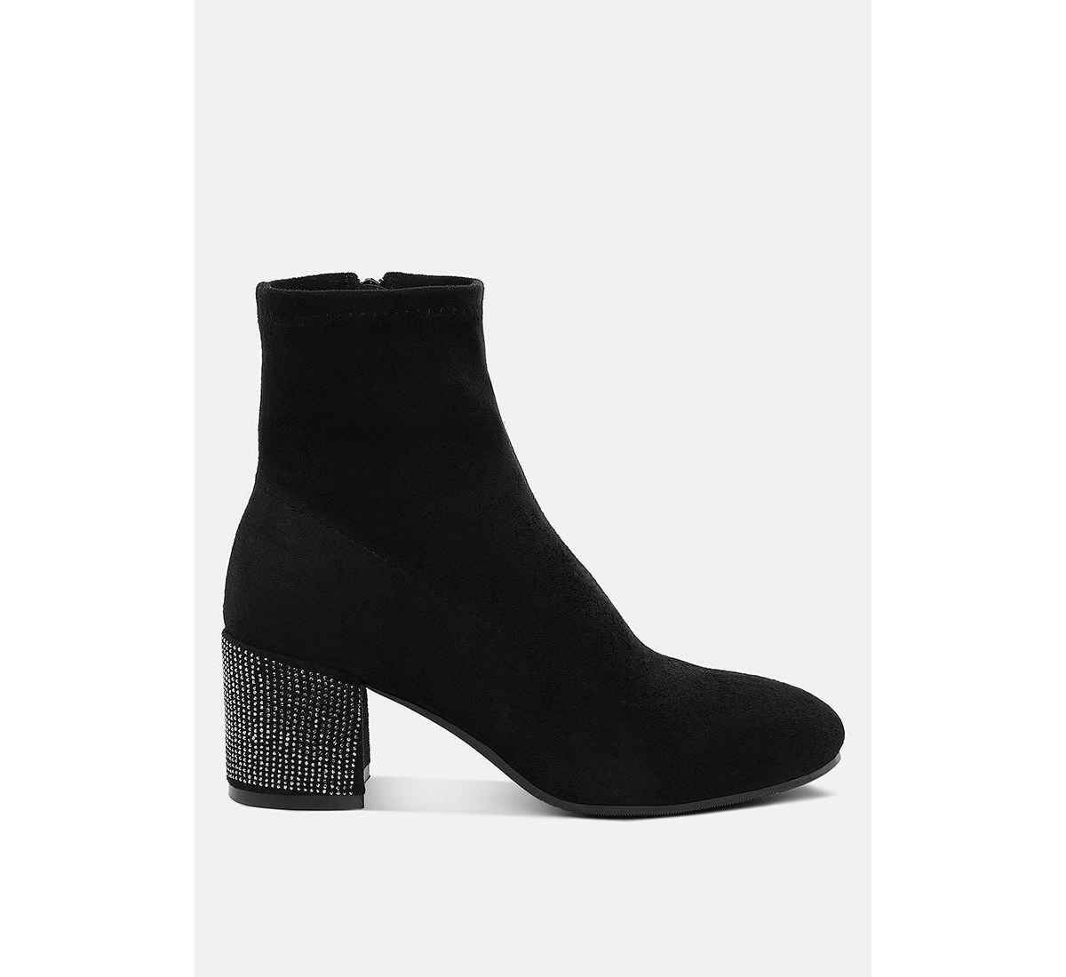 Chena Rhinestones Embellished Block Heel Boots - Navy