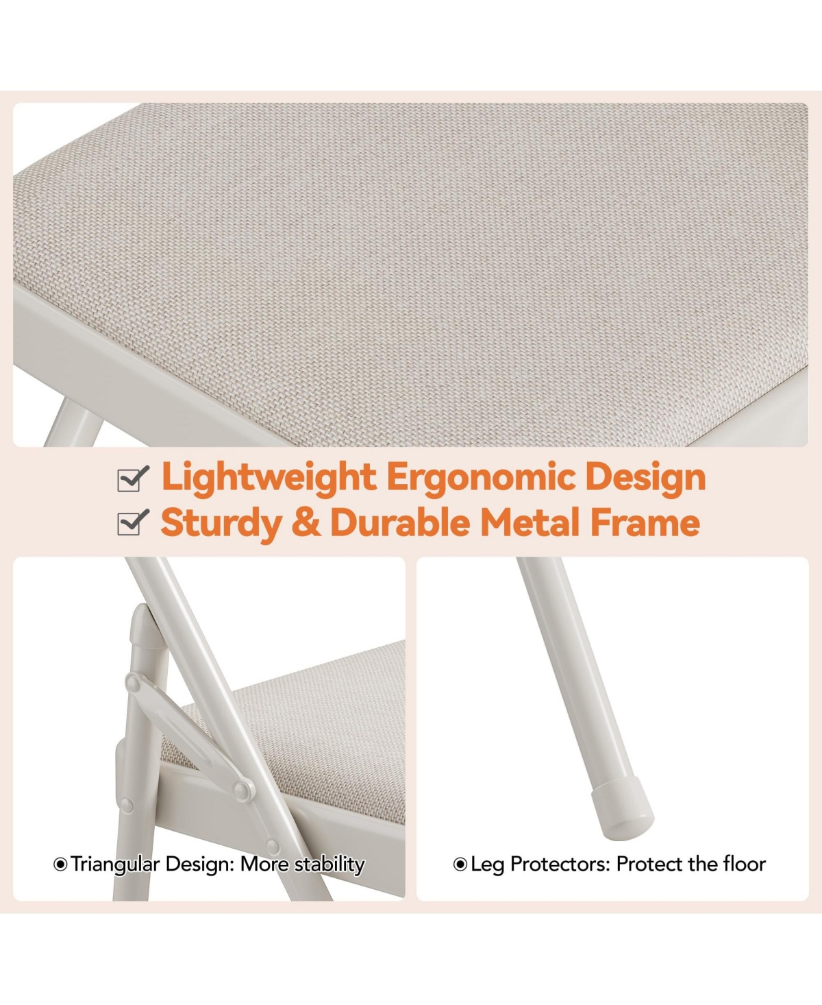 gaomon Folding Chairs 2 Pack, Metal Foldable Chair with Cushion and Non-Slip Feet Pads, Linen Party Chairs -khaki