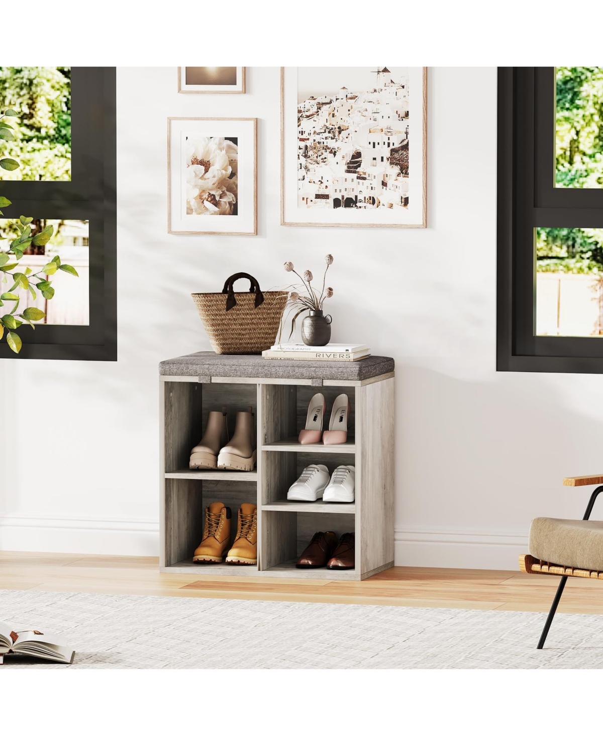 gaomon Inches Shoe Bench with Cushion, Shoe Rack Bench, Ten Cubbies Storage Entryway Bench with Adjustable Shelves