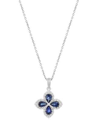 EFFY&reg; Sapphire (7/8 ct. t.w.) & Diamond (1/5 ct. t.w.) Flower Pendant Necklace in 14k White Gold, 18" + 1" extender