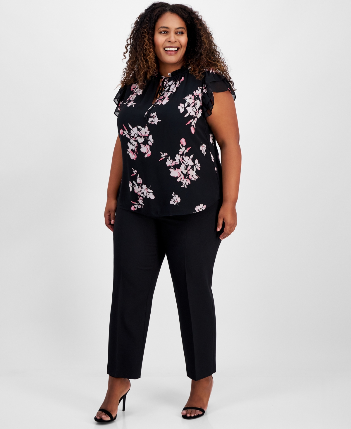 ANNE KLEIN PLUS SIZE FLORAL-PRINT RUFFLE-SLEEVE BLOUSE