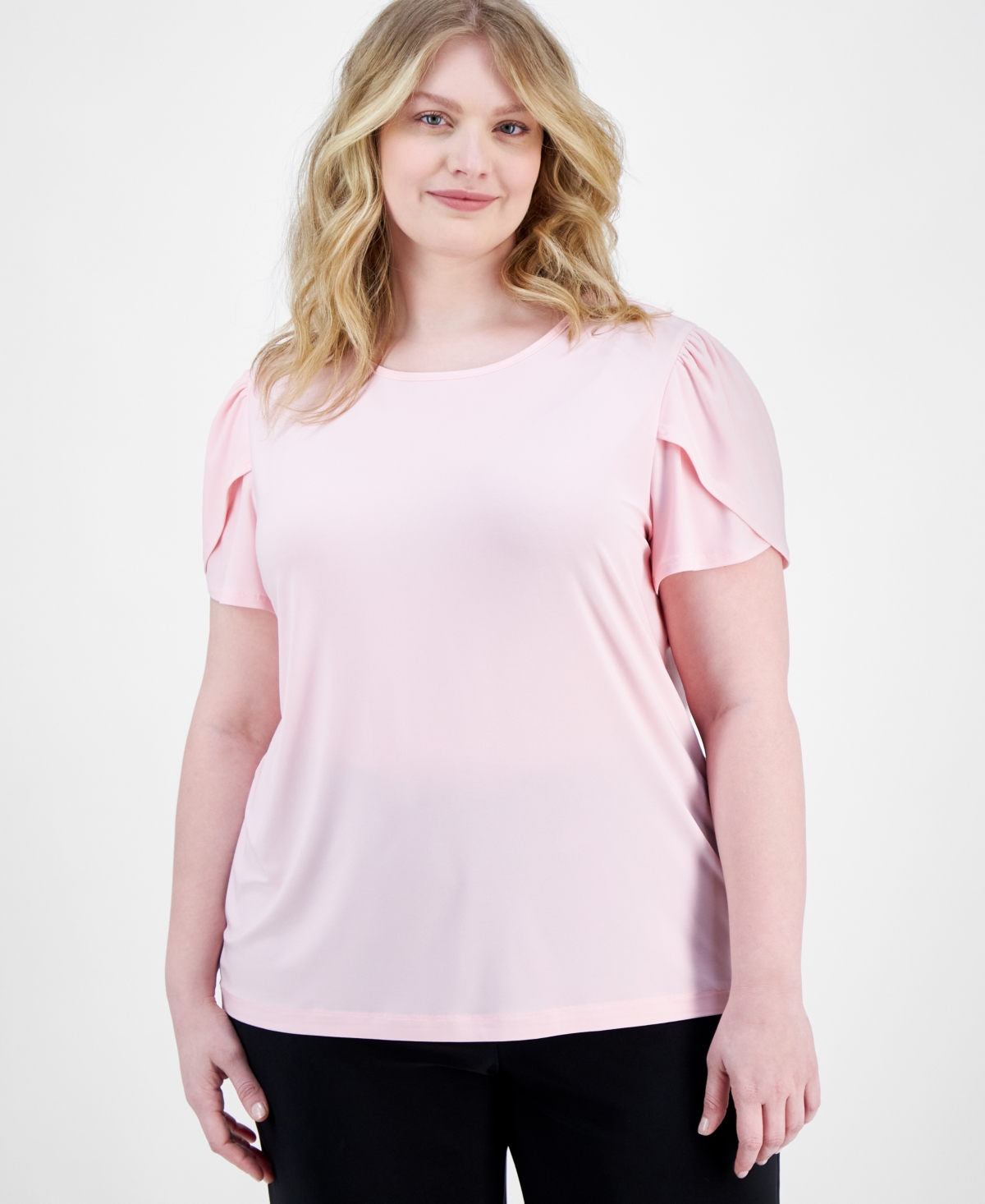 Plus Size Solid Tulip-Sleeve Crewneck Top - Peony Pink