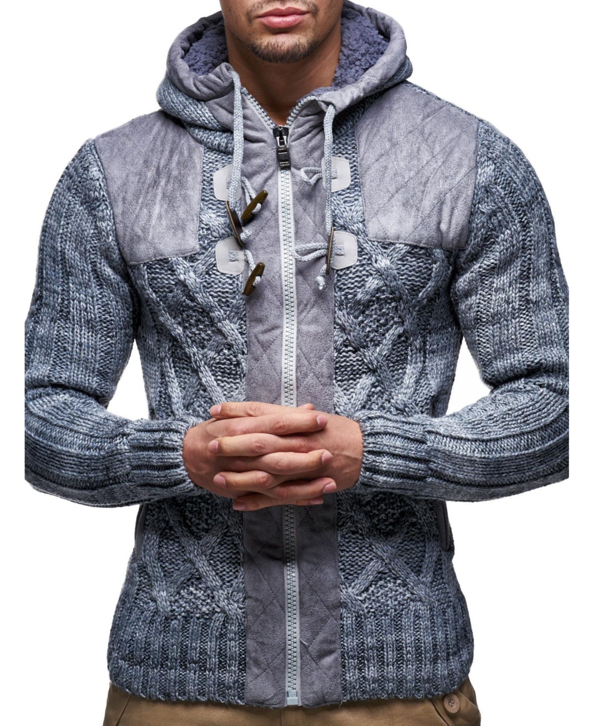 Leif Nelson Men's Knit Zip-up Jacket With Geometric Patterns and Leather Accents