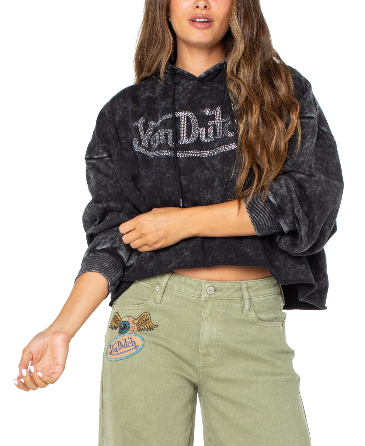 Women's Rhinestone-Logo Crop Hoodie - Black Rhinestone