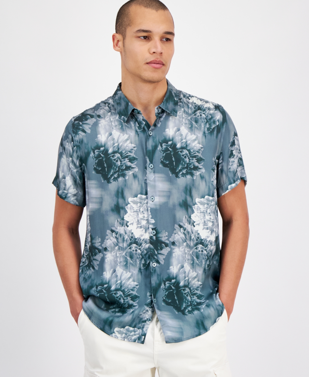 Men's Wayco Floral-Print Short-Sleeve Shirt - Glacial Floral Green