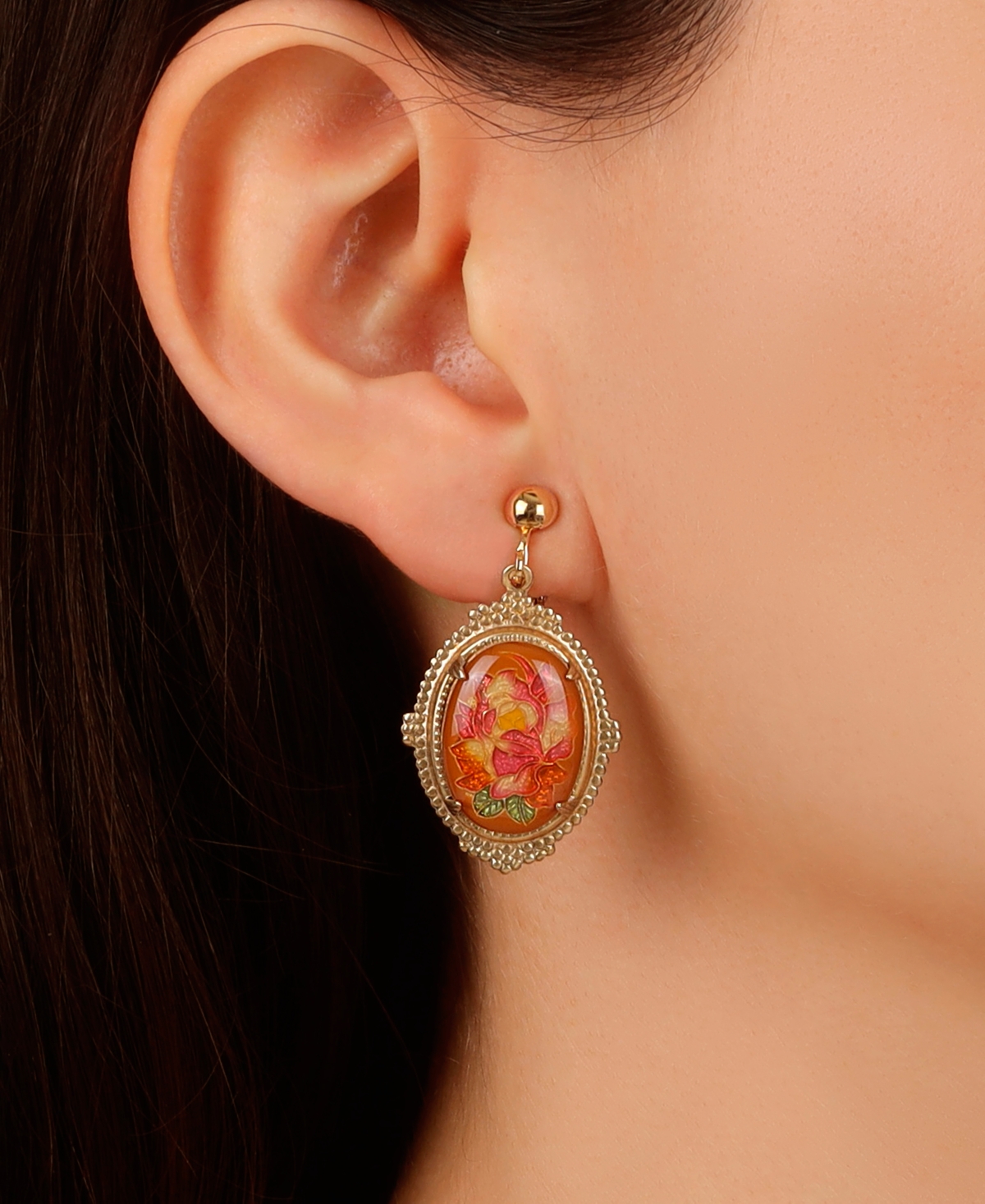 2028 Enamel Oval Floral Clip Earrings In Pink