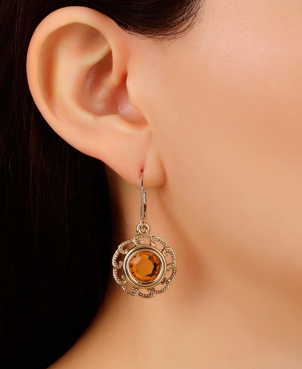 2028 Round Crystal Filigree Drop Earrings In Beige