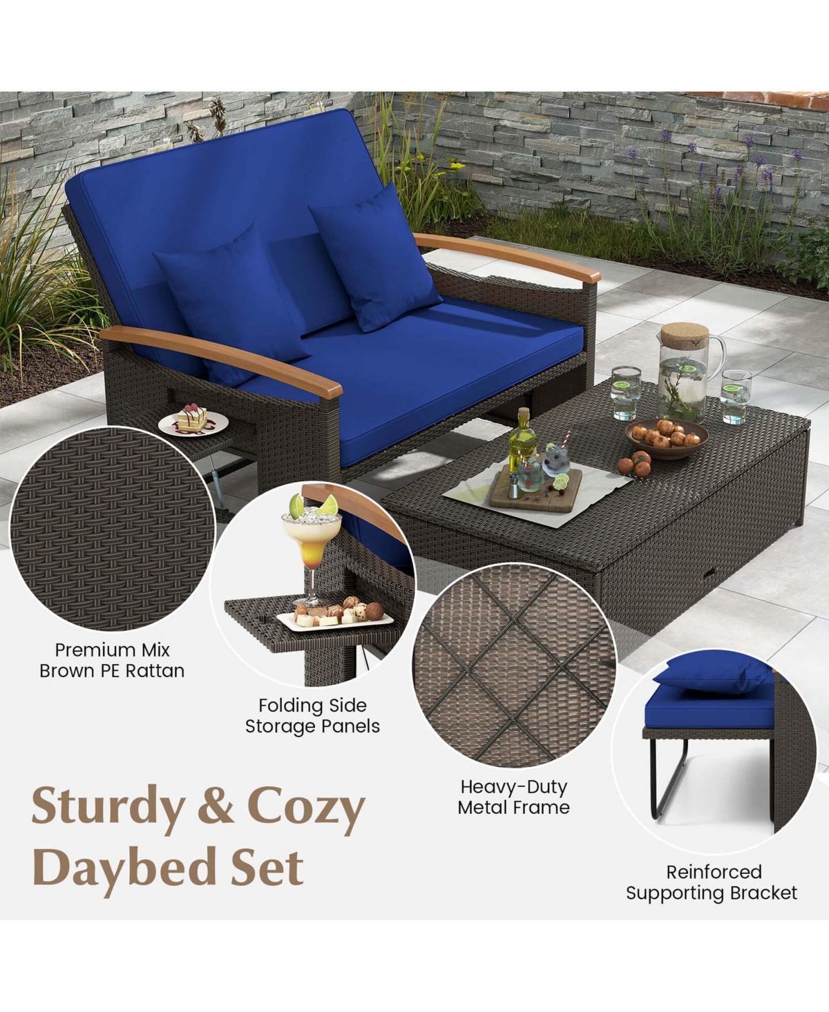 Costway Patio Rattan Daybed Set with Cushioned Loveseat & Storage Ottoman for Porch