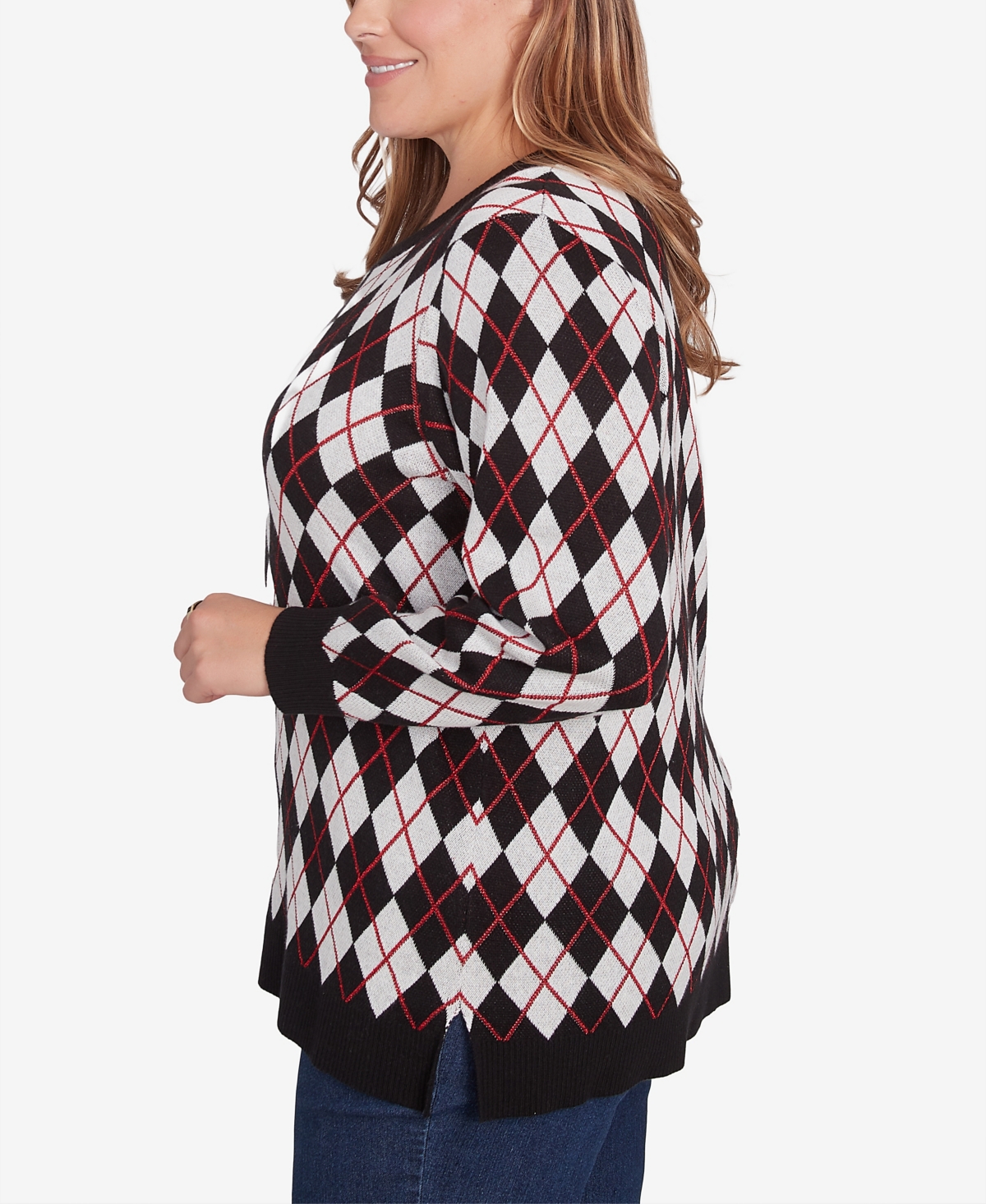 Hearts Of Palm Plus Size Red-y To Shine Argyle Sweater In Black Multi