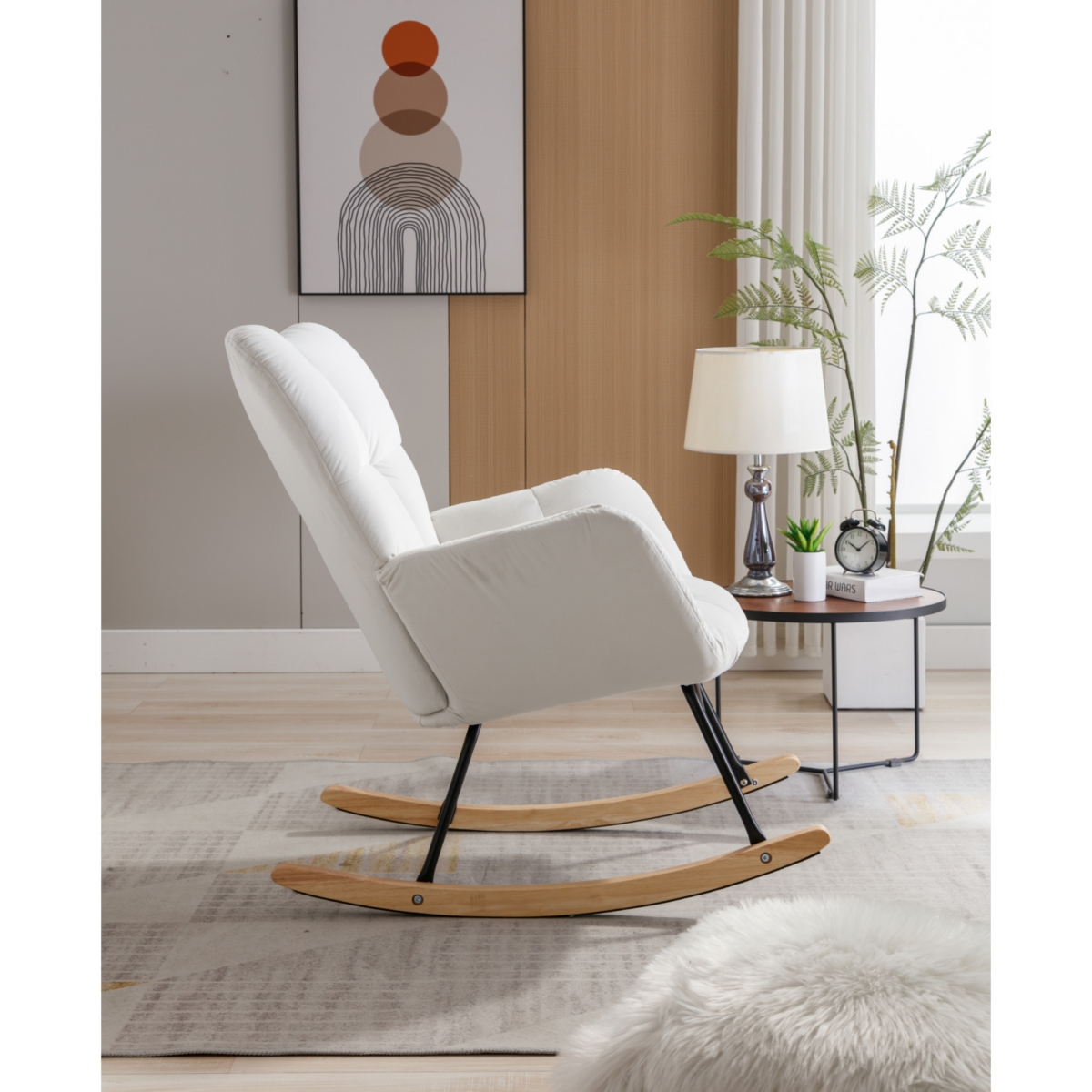 Streamdale Furniture Mid Century Modern Velvet Tufted Upholstered Rocking Chair Padded Seat for Living Room Bedroom,- White