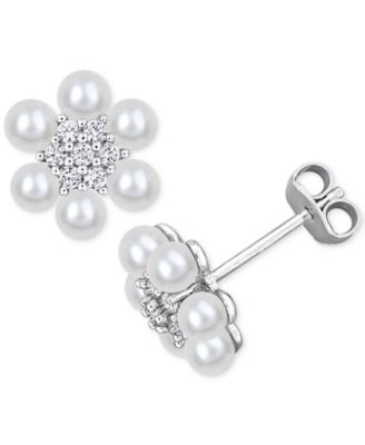 Cultured Freshwater Pearl (3-3-1/2mm) & Lab-Created White Sapphire (1/3 ct. t.w.) Flower Cluster Stud Earrings in Sterling Silver
