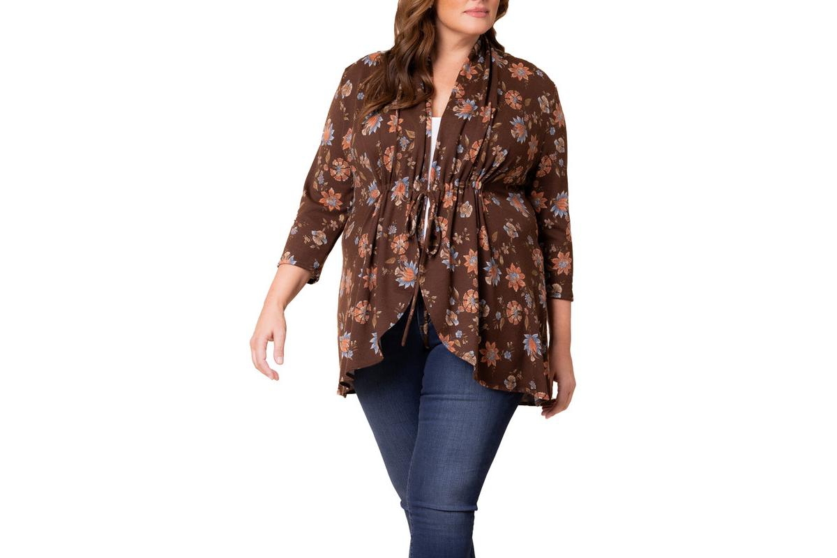 Plus Size Lori 3/4 Sleeve Cardigan with Drawstring Closure - Mocha floral motif