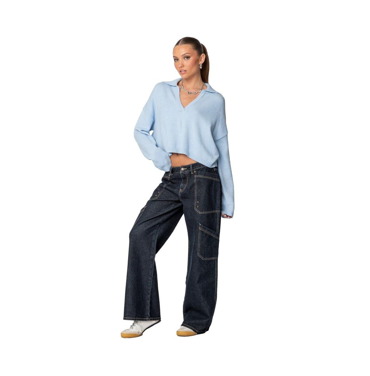 Edikted Women's Xana Low Rise Carpenter Jeans - Indigo-blue-raw-washed