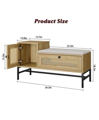 Rattan Shoe Bench with Linen Seat Cushion, Entryway Bench with Storage Cabinet, Wooden Storage Bench