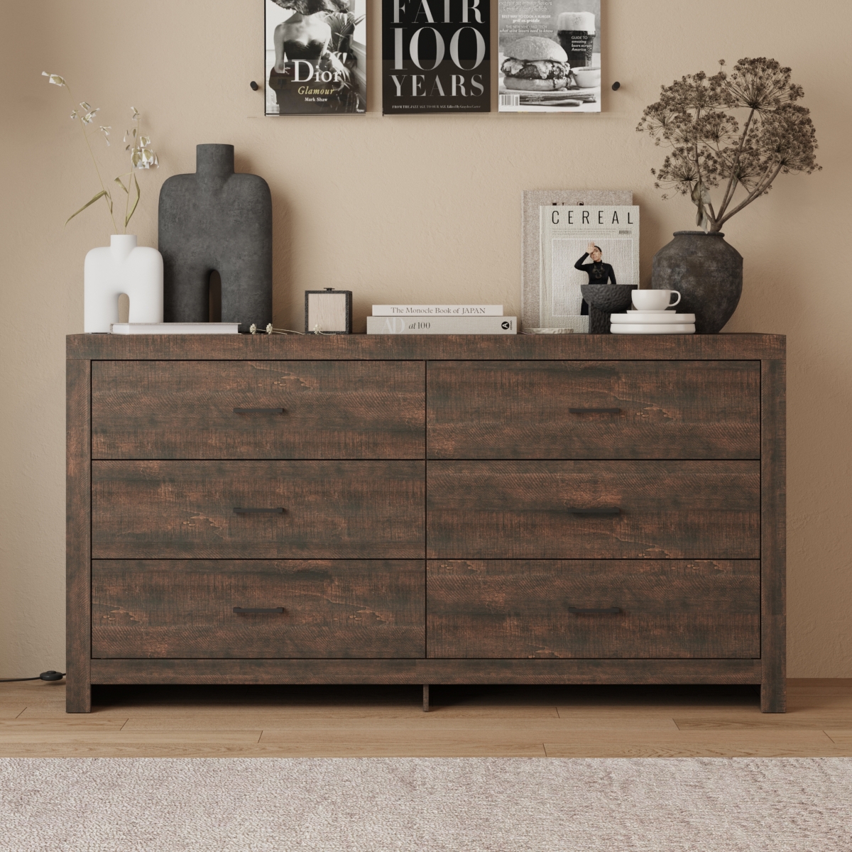 Homsee White Dresser with 9 Handleless Drawers & Led Light, Chest of Drawers with Charging Station