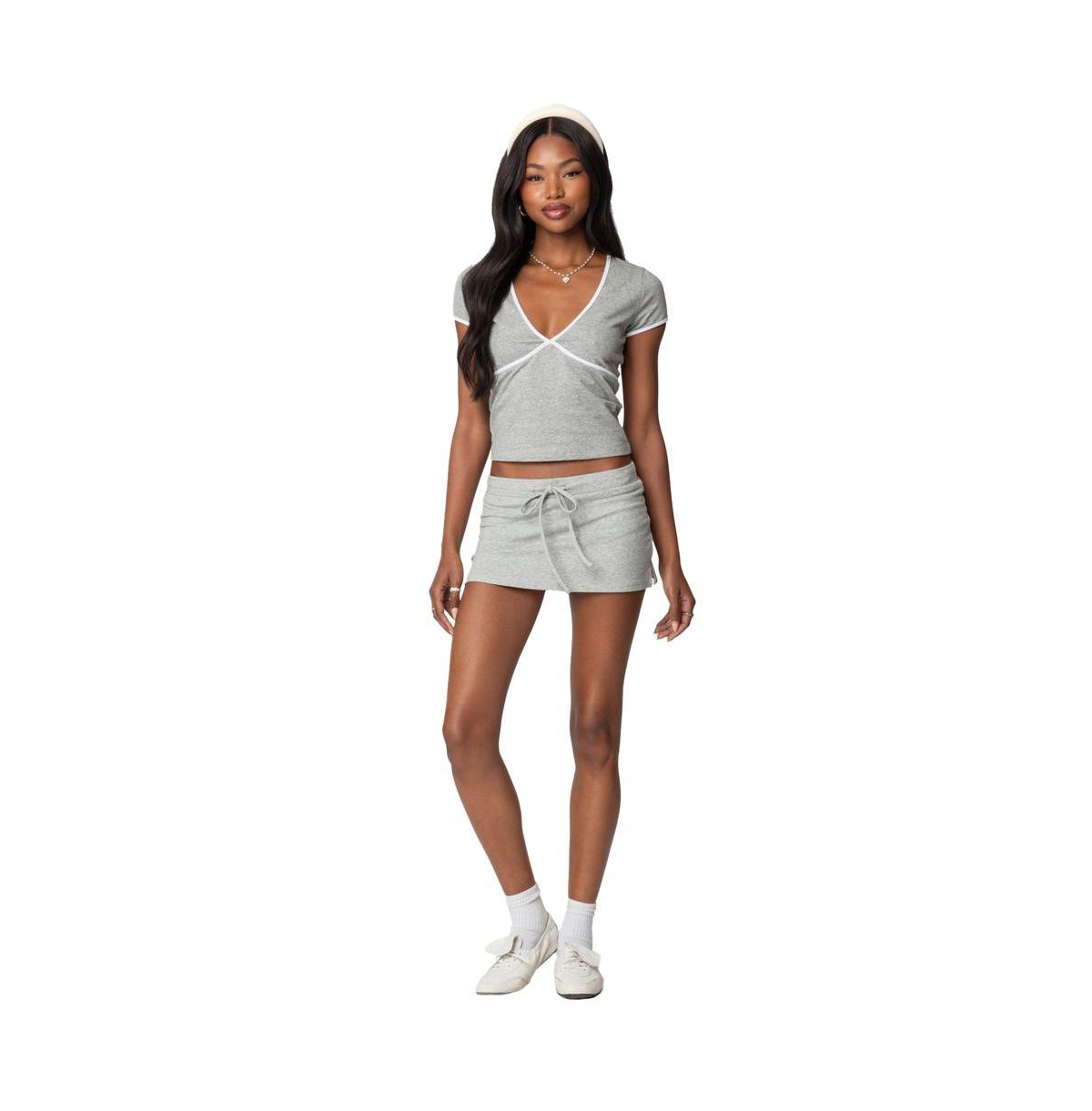 Edikted Women's Alicia Contrast V Neck Top - Gray-melange