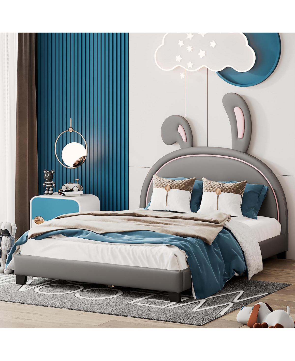 Slickblue Upholstered Leather Platform Bed with Rabbit Ornament for Stylish and Whimsical Bedroom Decor