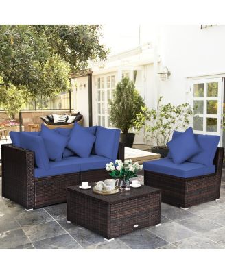 4 Pieces Ottoman Garden Patio Rattan Wicker Furniture Set with Cushion-Navy
