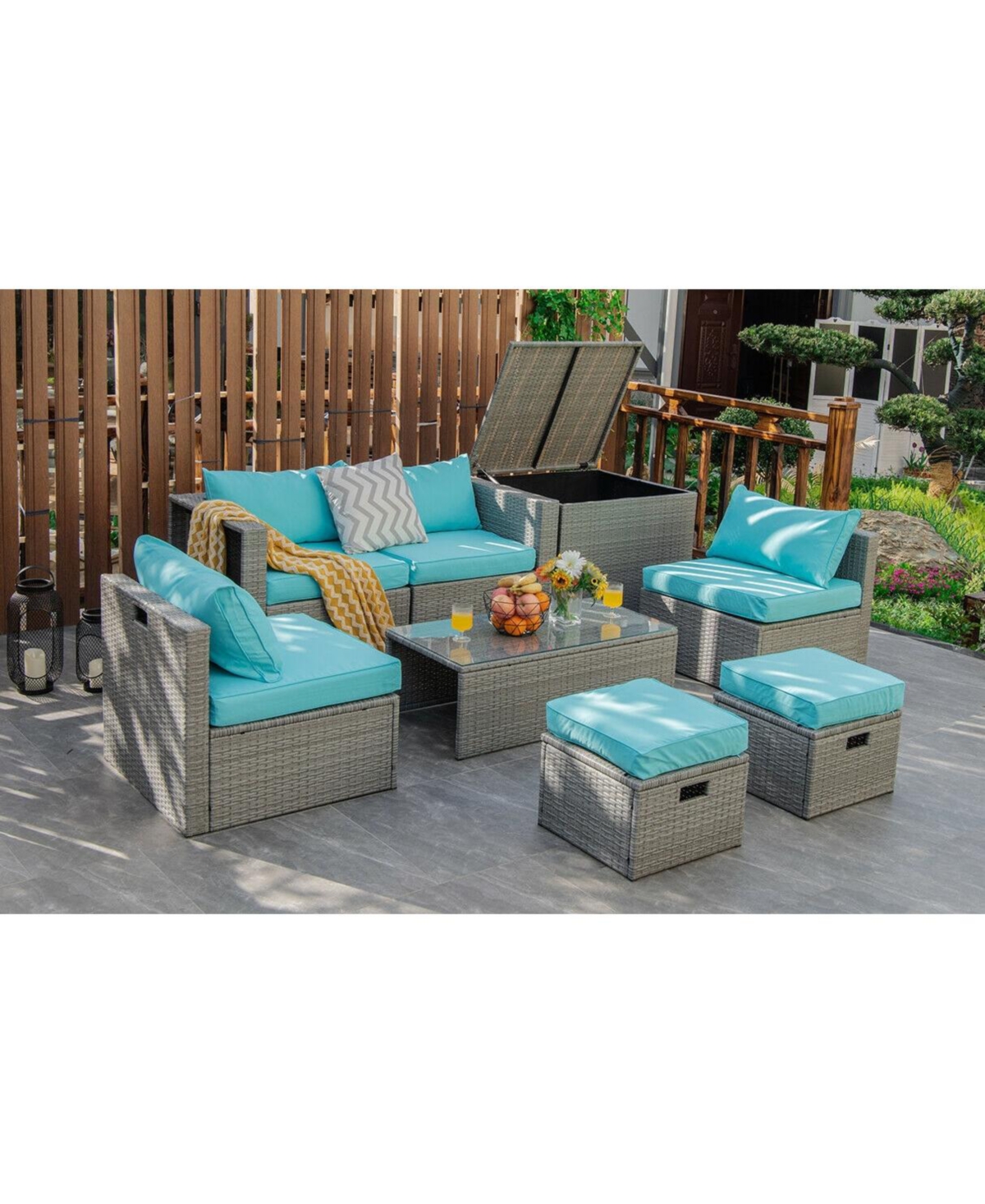 Sugift 8 Pieces Patio Rattan Furniture Set with Storage Waterproof Cover and Cushion-Turquoise