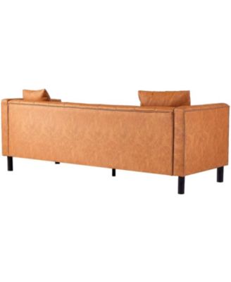 3 Seater Sofa with Tufted Back, Grain Leather Couch with Feather, Vintage Faux Leather